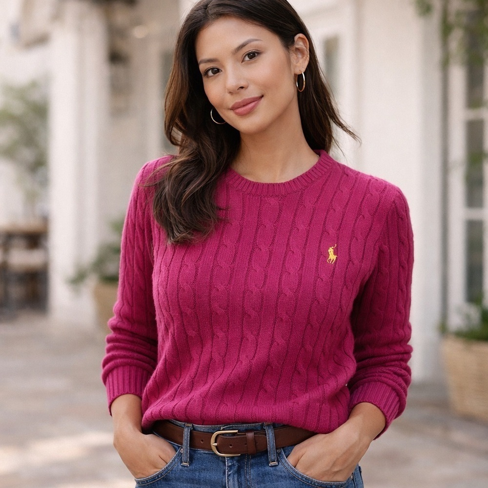 Ralph Lauren Sport Magenta Pink Cotton Cable Knit Pony Sweater Womens Medium